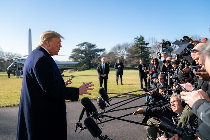 President Donald Trump Just Told Congress to Pass the Clarity Act. Here’s the Most Likely Scenario for What Happens Next. President Donald Trump addressing reporters with the Washington Monument in the distance.