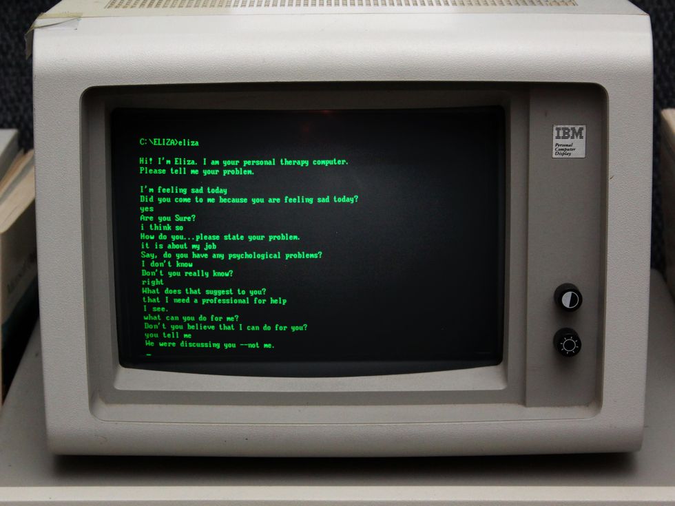 A 1960s chatbot program running on a 1980s IBM personal computer.