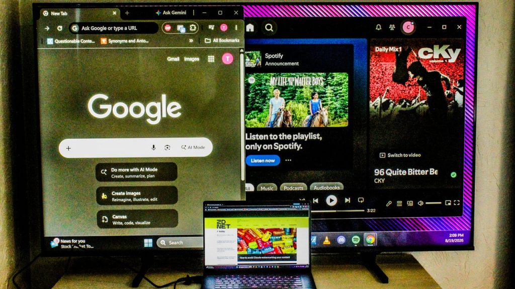 How to turn your TV in a computer monitor in 3 easy steps – and for free A laptop showing the ZDNET website and a Hisense TV showing a Google Chrome window and Spotify