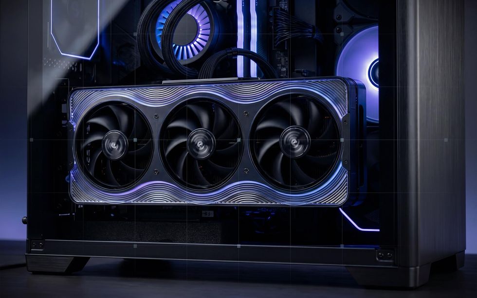 AI Companies Turn to Distributed Computing in Homes A vertically-mounted graphics card inside of a gaming PC rack.