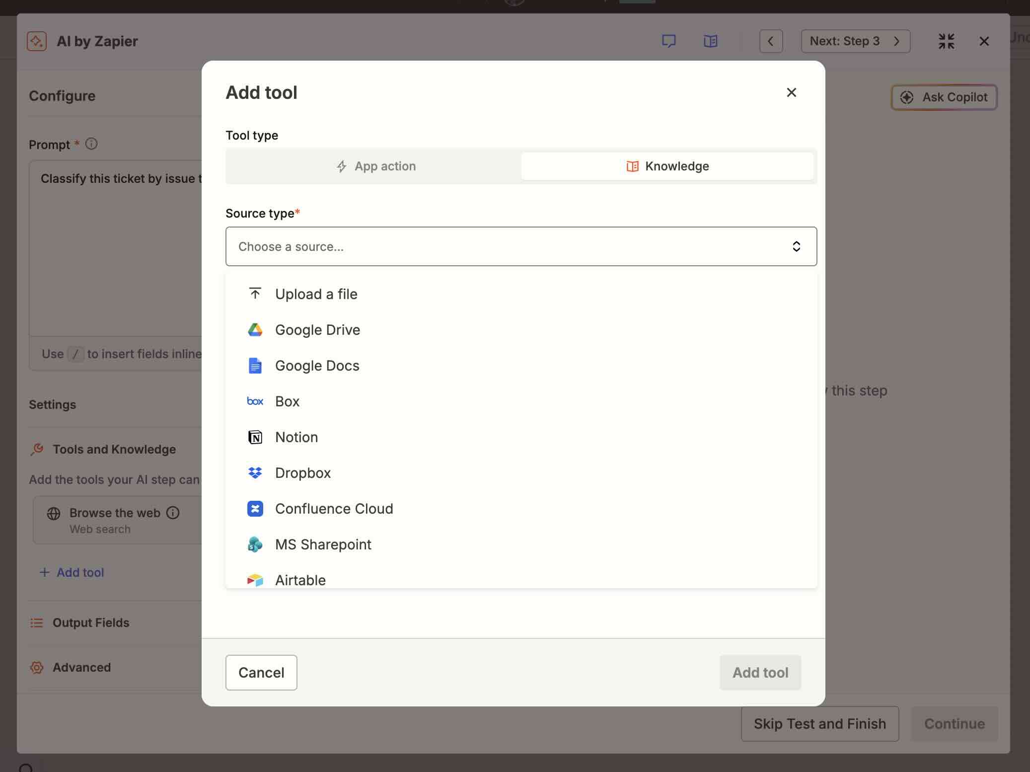 Adding a knowledge source to an AI by Zapier step