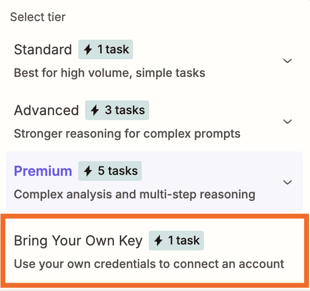 Choosing Bring Your Own Key in an AI by Zapier step