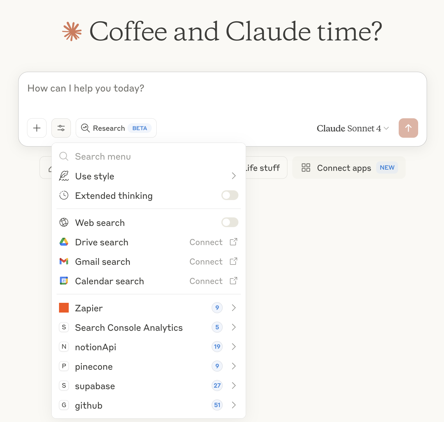 A dropdown menu in Claude showing the Zapier MCP option