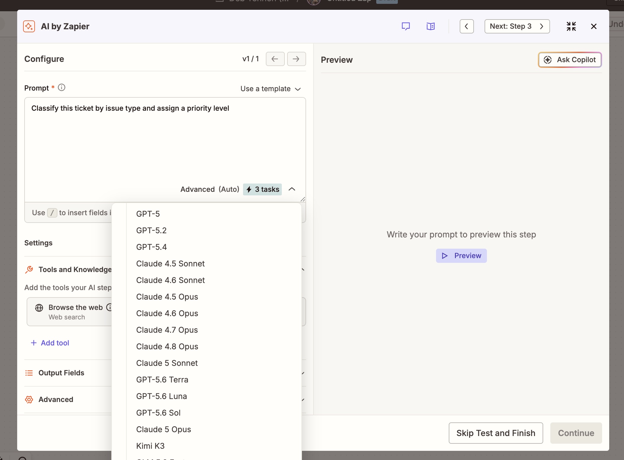 Selecting a model from AI by Zapier