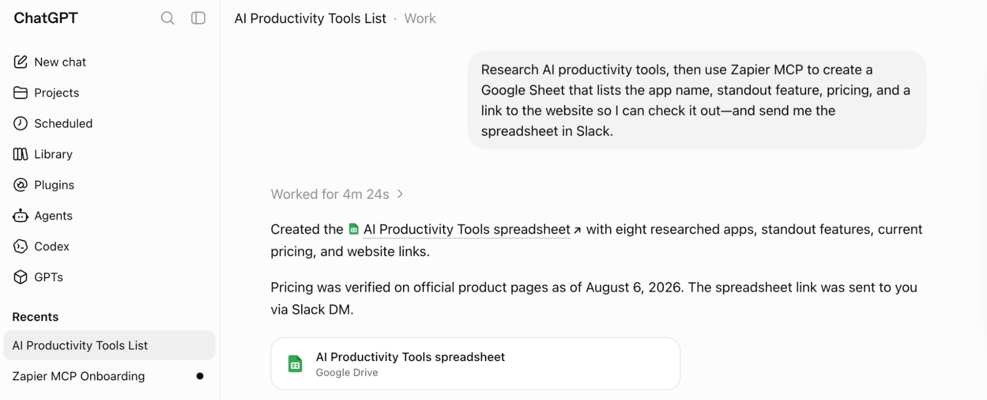 Using Zapier MCP in the ChatGPT chat window